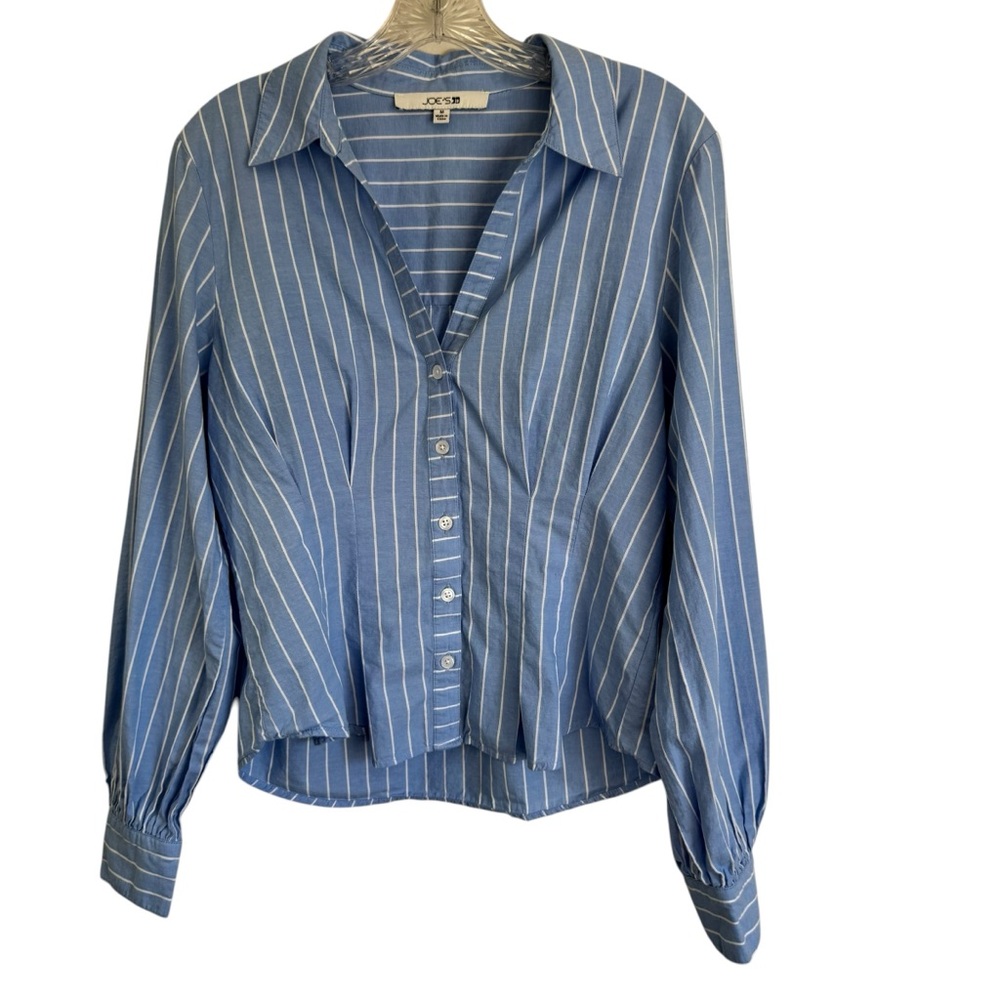 Joe's Jeans Striped Pleated Dress Shirt Blue & White Women's  Size Medium - Picture 3 of 12